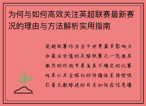 为何与如何高效关注英超联赛最新赛况的理由与方法解析实用指南